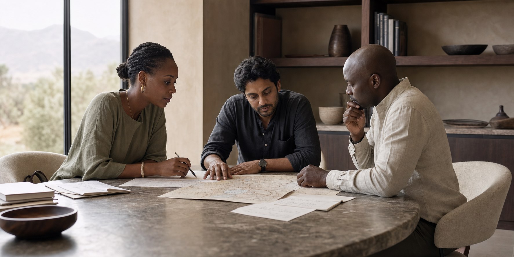 Travel professionals collaborating around a journey map