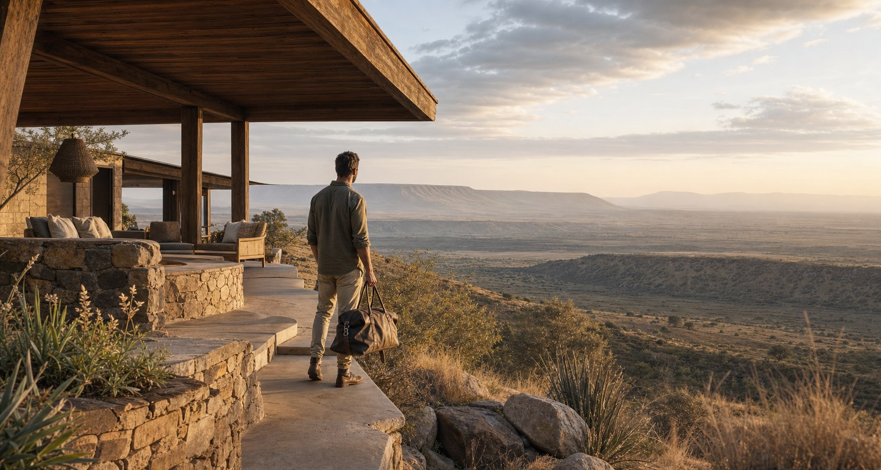 Traveler arriving at a secluded lodge overlooking the East African landscape